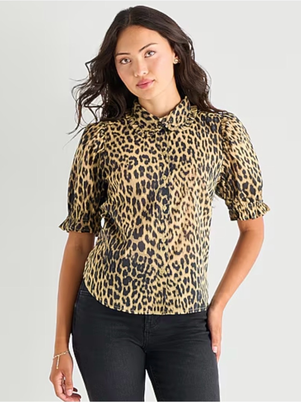 NWT A.N.A Leopard Animal Print Collared Ruffled Sleeve Blouse, Size XXL